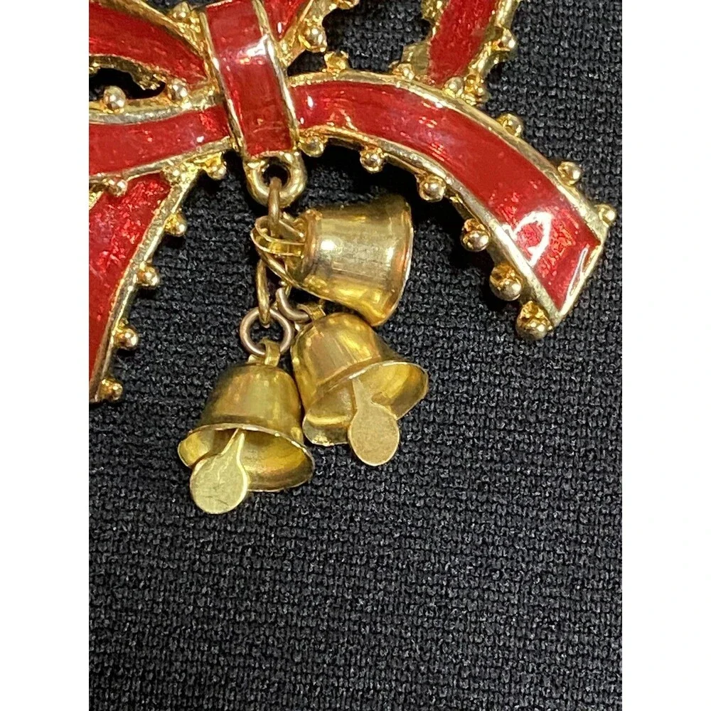 Christmas Gold Tone Red Enamel Ribbon Bow Pin, Brooch With Bells Vintage